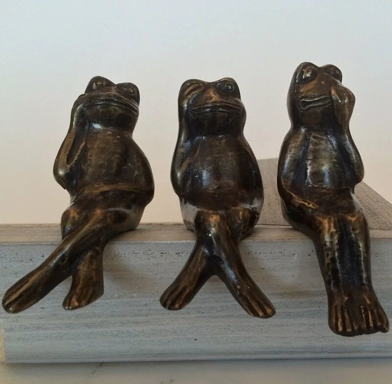 Bronzen Beeldjes - Horen Zien, Zwijgen kikkers OP=OP OP=OP, Ophalen of Verzenden, Brons, Beeld