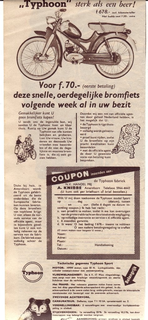 "Typhoon" Bromfiets - Advertentie uit Tijdschrift 1956, Ophalen of Verzenden, 1940 tot 1960, Knipsel(s)