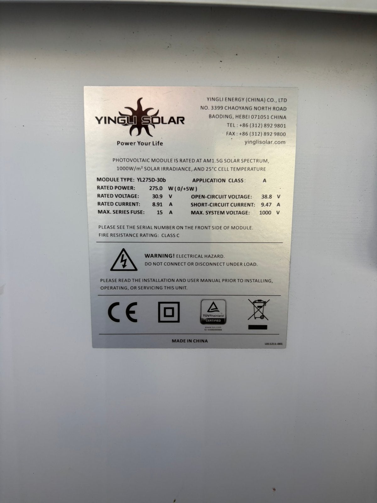 Zonnepaneel Yingli 275 Wp, Ophalen of Verzenden, Zo goed als nieuw