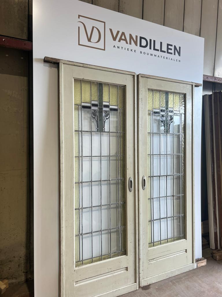 Antieke ensuite deuren glas in lood motief 214 x 77.5, Gebruikt, 120 cm of meer, Binnendeur, Ophalen of Verzenden