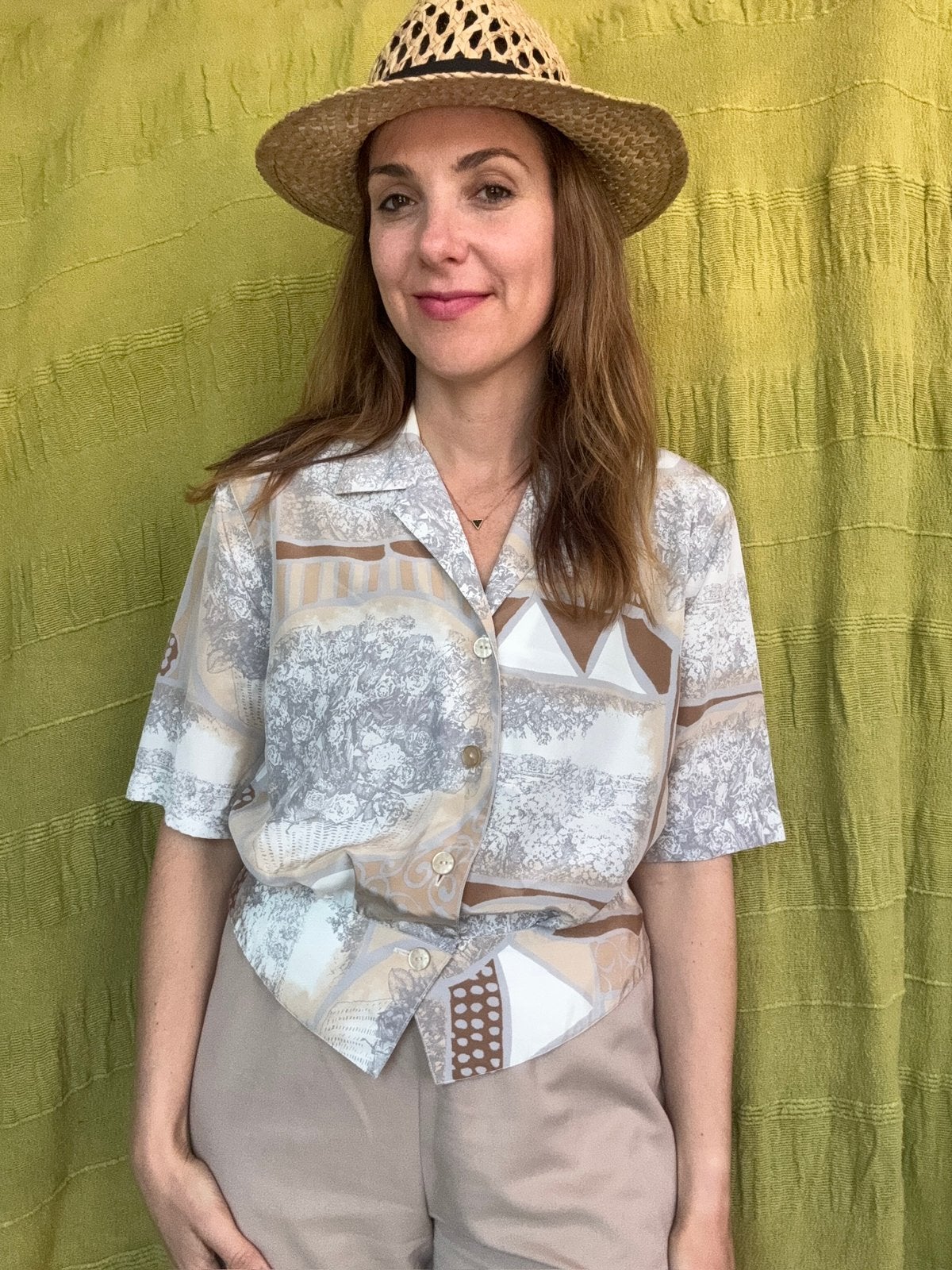 Vintage blouse -80’s /90’s - beige - print - 38/M, Maat 38/40 (M), Hgv, Beige, Hgv