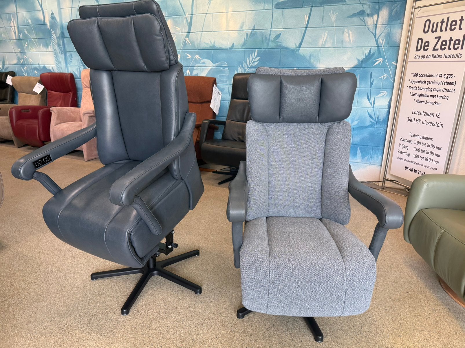 Showroom modellen Dat Zit Majestic sta op relax stoel accu, Ophalen of Verzenden, Nieuw, Leer, Ruim 100 kort gebruikte en nieuwe modellen in alle kleuren