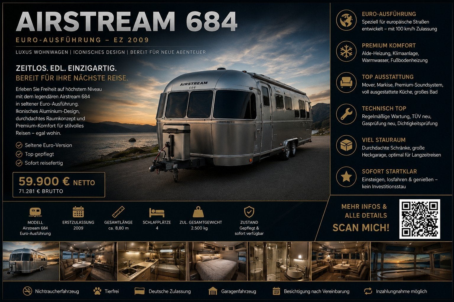 Airstream 2009  food truck 59900-, Caravans en Kamperen, Caravans, Rondzit, Particulier, Tot en met 4, Zonnepaneel