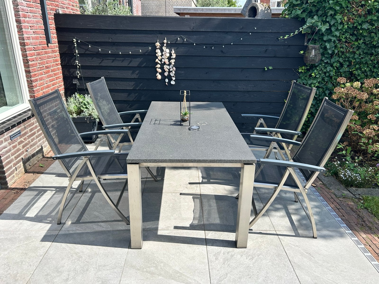 Tuinset met 6 rvs verstelbare stoelen en kussens en ligbed, Ophalen, Gebruikt, Eettafel, 6 zitplaatsen