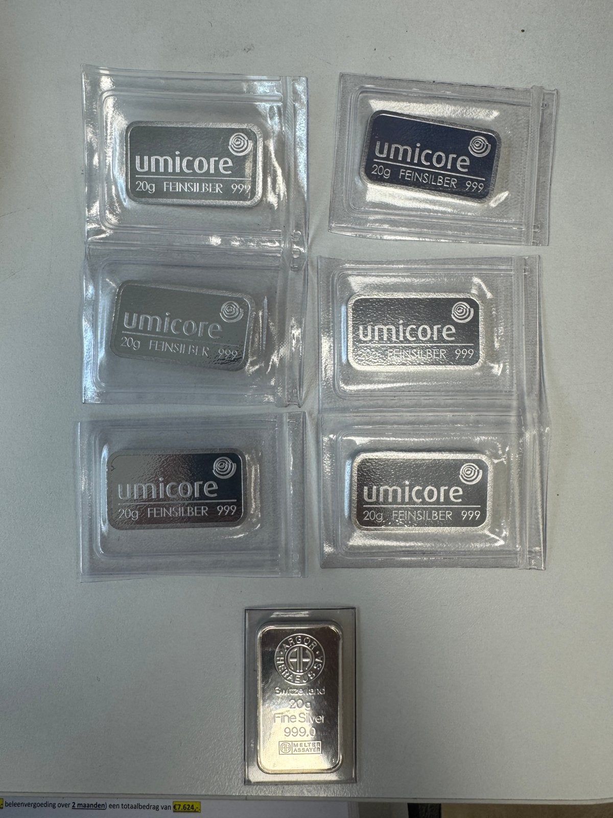 7x 20 gram zilverbaren Umicore en Argor Heraeus, Ophalen, Zilver