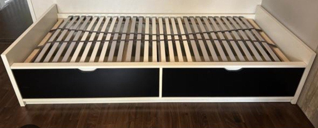 IKEA FLAXA bed 90x200 met 2 lades en lattenbodem, Huis en Inrichting, Gebruikt, 90 cm, Eenpersoons, Wit