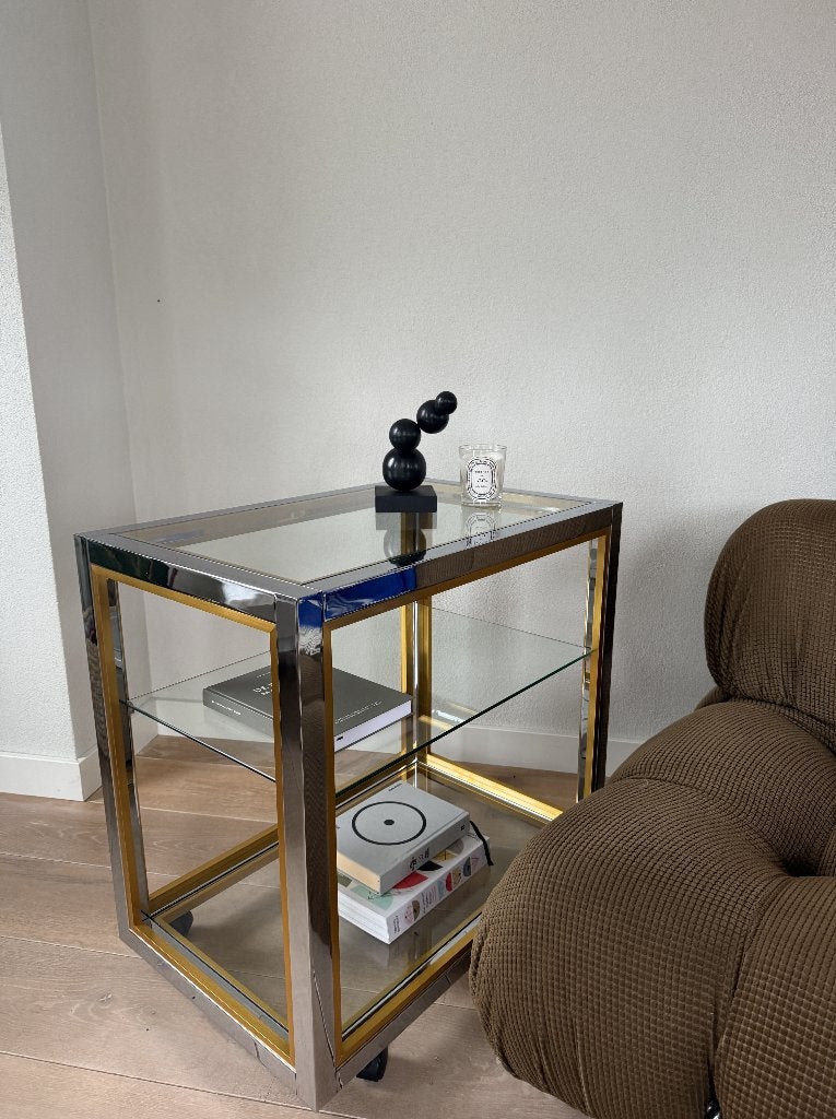 Glazen bijzettafel, chromen en goud, barcart trolley tafel, Huis en Inrichting, Ophalen, 50 tot 100 cm, Zo goed als nieuw, Modern, Hollywood Regency, design, vintage italiaans