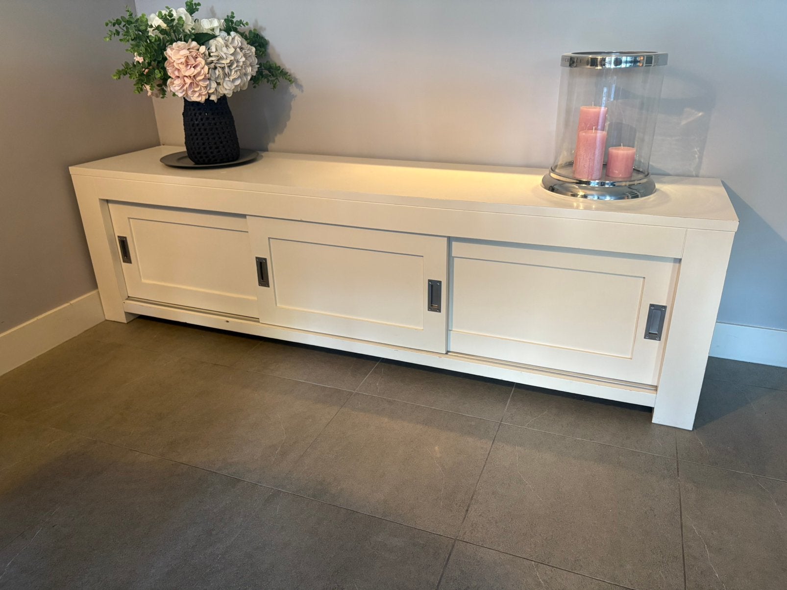 Witte TV kast / spelletjes kast van Happy Home, Ophalen, Zo goed als nieuw, 200 cm of meer, 25 tot 50 cm