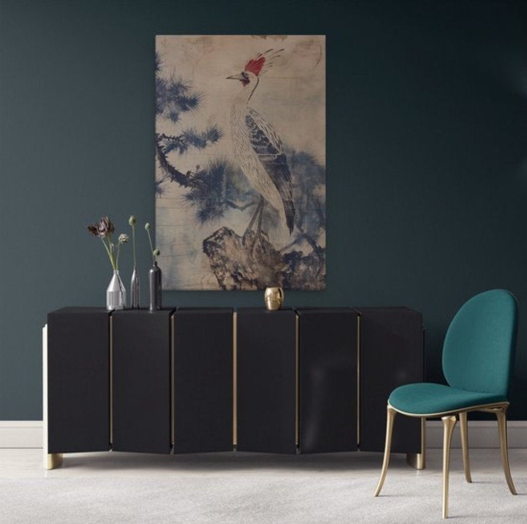 Canvas Schilderij Kraanvogel op Boomtak - Japandi, Huis en Inrichting, Ophalen, Nieuw, Schilderij, 75 – 100