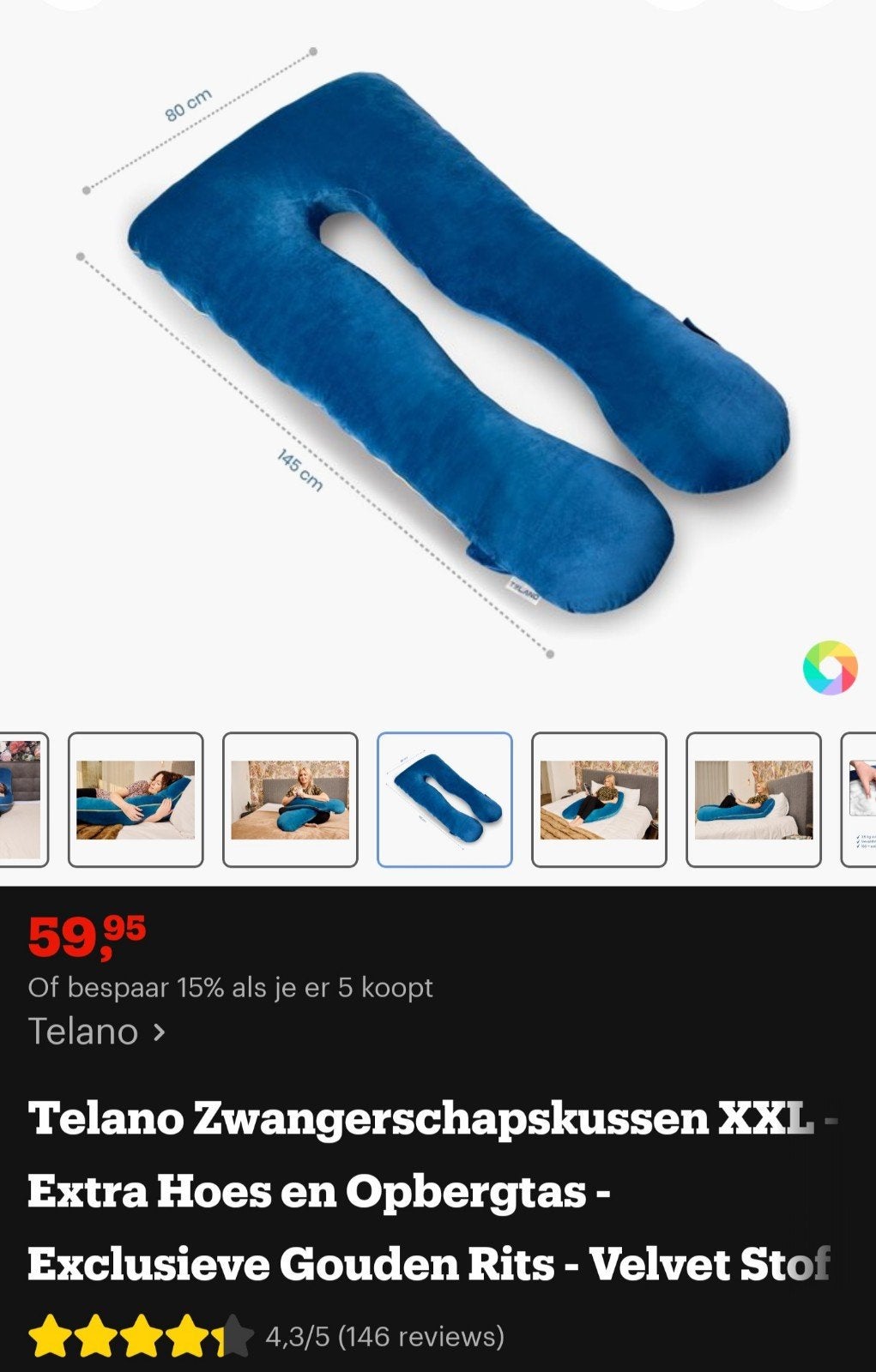Groot zwangerschaps / voedingskussen Telano met extra hoes, Ophalen, Zo goed als nieuw, Voedingskussen