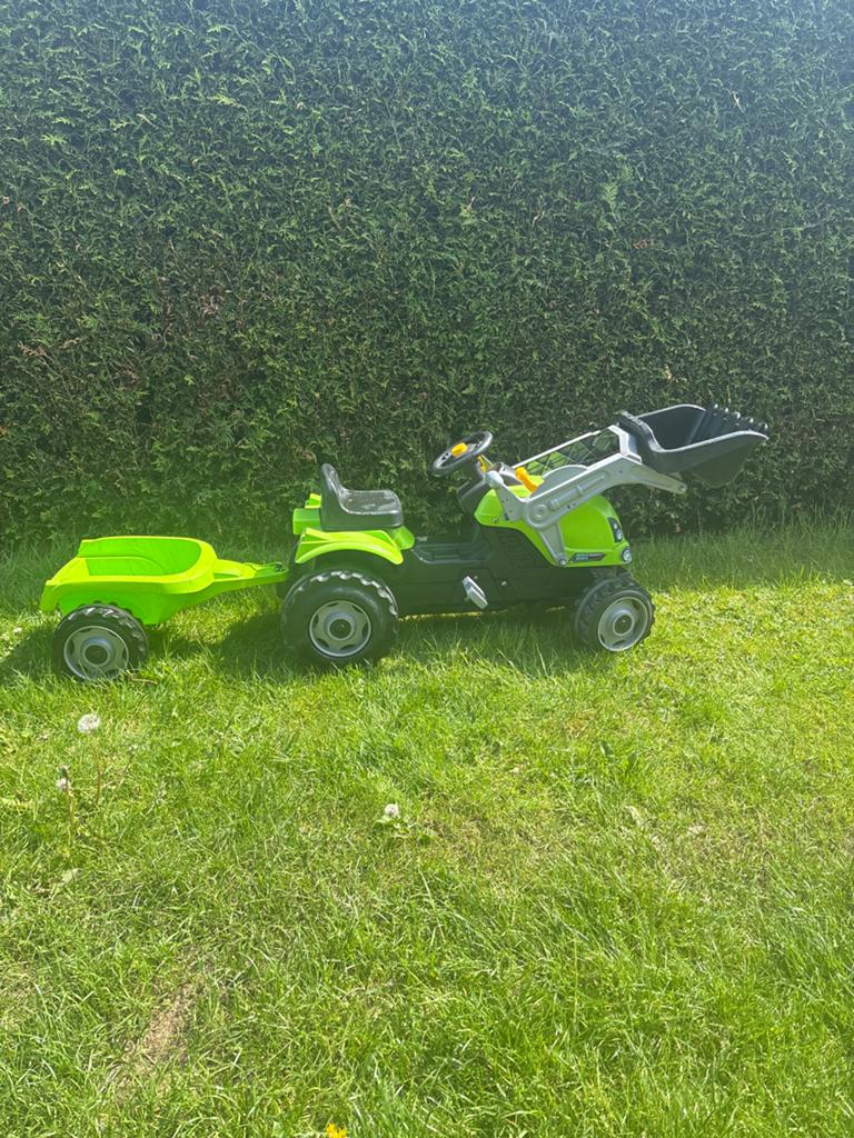 Smoby Groene traptractor met aanhanger en voorlader, Ophalen, Gebruikt, Trapvoertuig