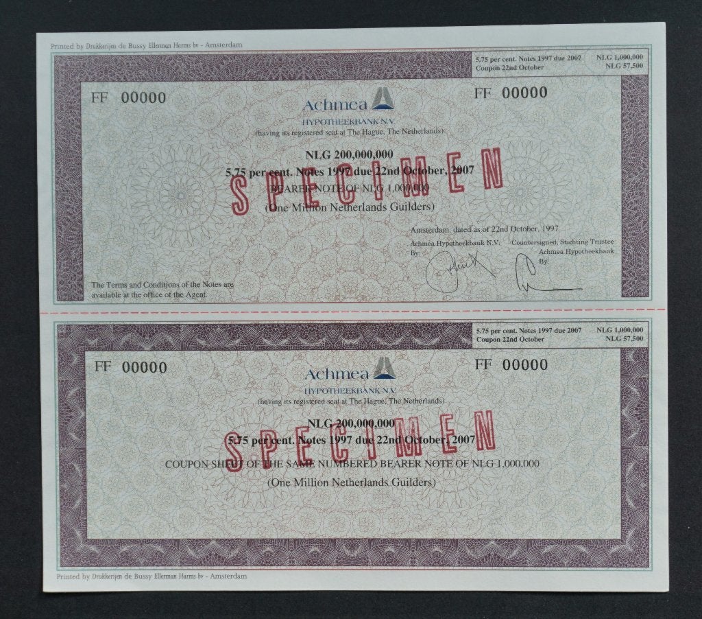 Achmea Hypotheekbank - 1mln gulden - 's-Gravenhage 1997, Verzenden, 1970 tot heden, Obligatie of Lening