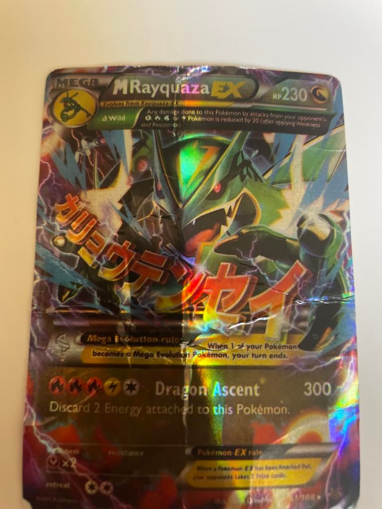 Zwaar beschadigde Pokémon kaart M Rayquaza EX, Ophalen, Gebruikt, Losse kaart, Foil