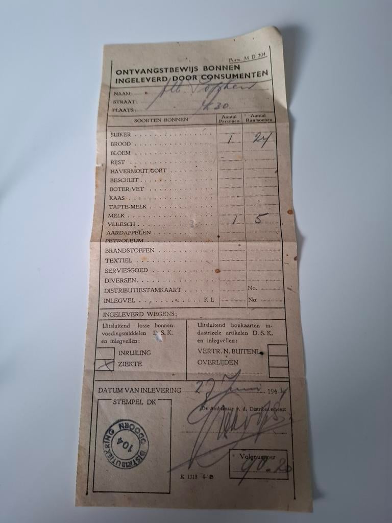Ontvangstbewijs Odoorn document wo2 voedselbonnen, Boeken, Atlassen en Landkaarten, Ophalen of Verzenden, 1800 tot 2000, Landkaart