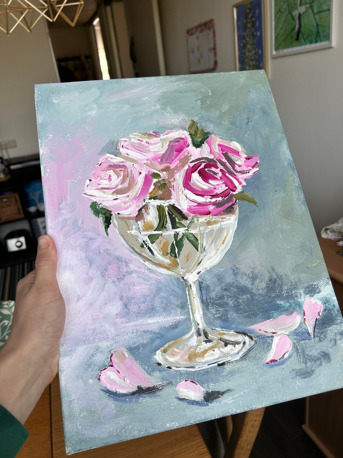 Handgeschilderd schilderij – roze rozen, Ophalen of Verzenden, Acrylverf, Bloemen