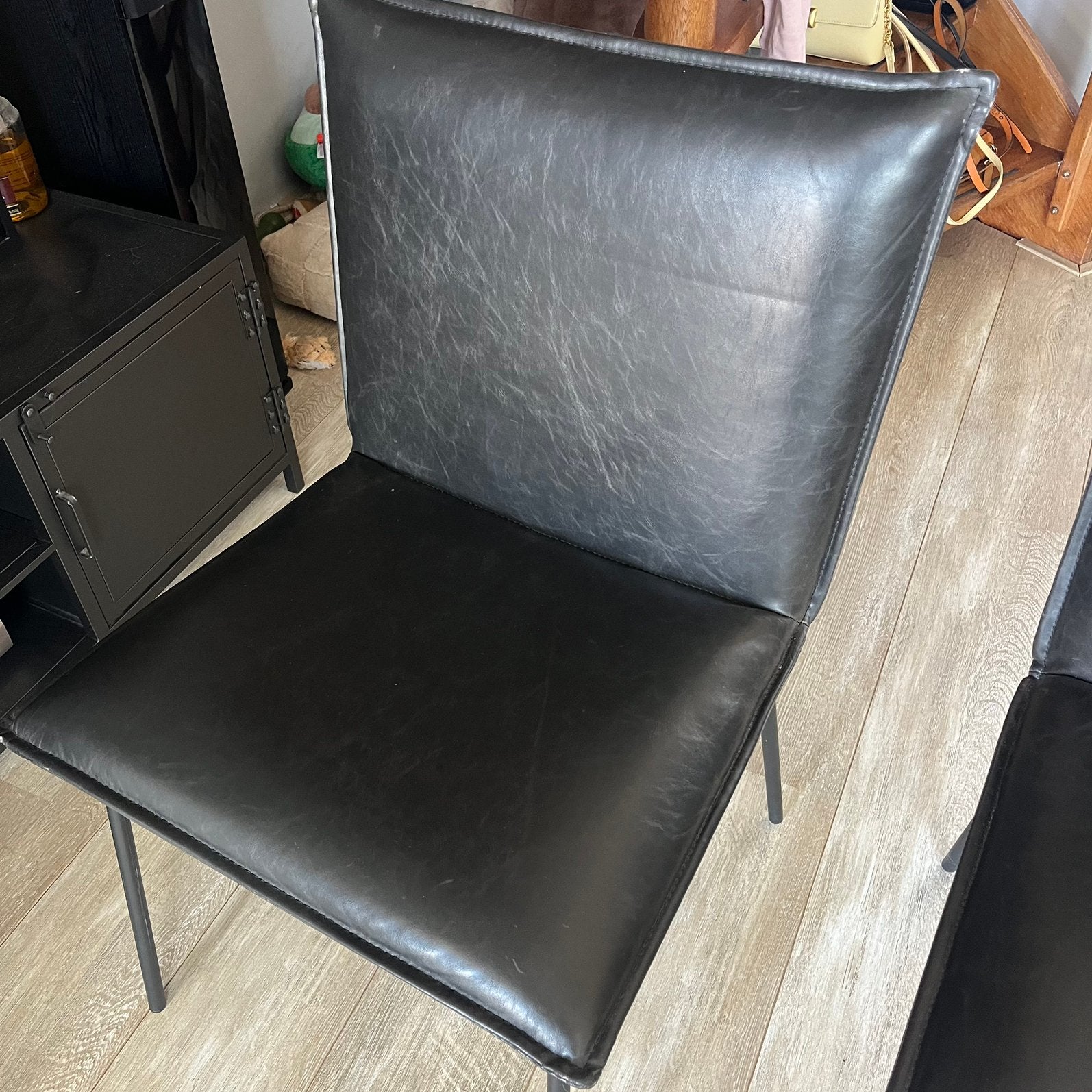 4 donkerbruine leren eetkamer stoelen, Ophalen, Gebruikt, Bruin, Leer