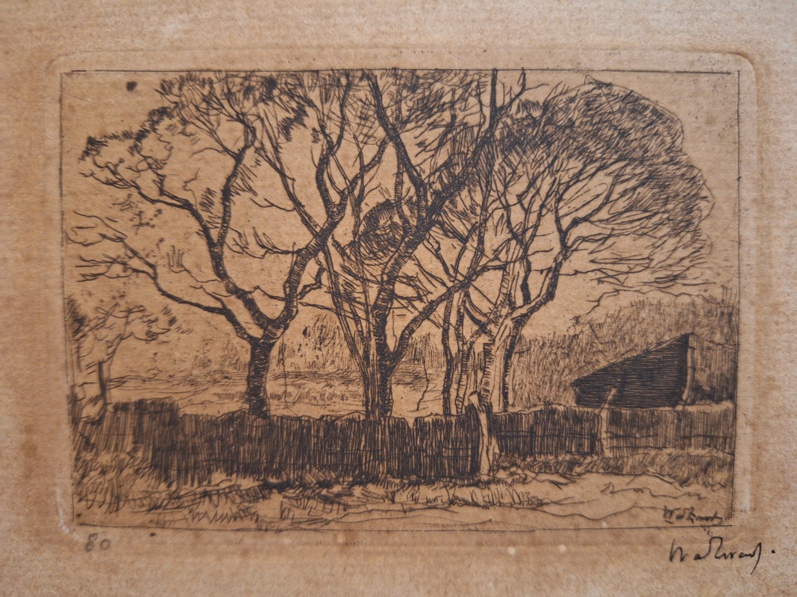Ets van Willem de Zwart - Landschap met bomen, Antiek en Kunst, 1800 - 1899, Ets, Ophalen of Verzenden, Gesigneerd