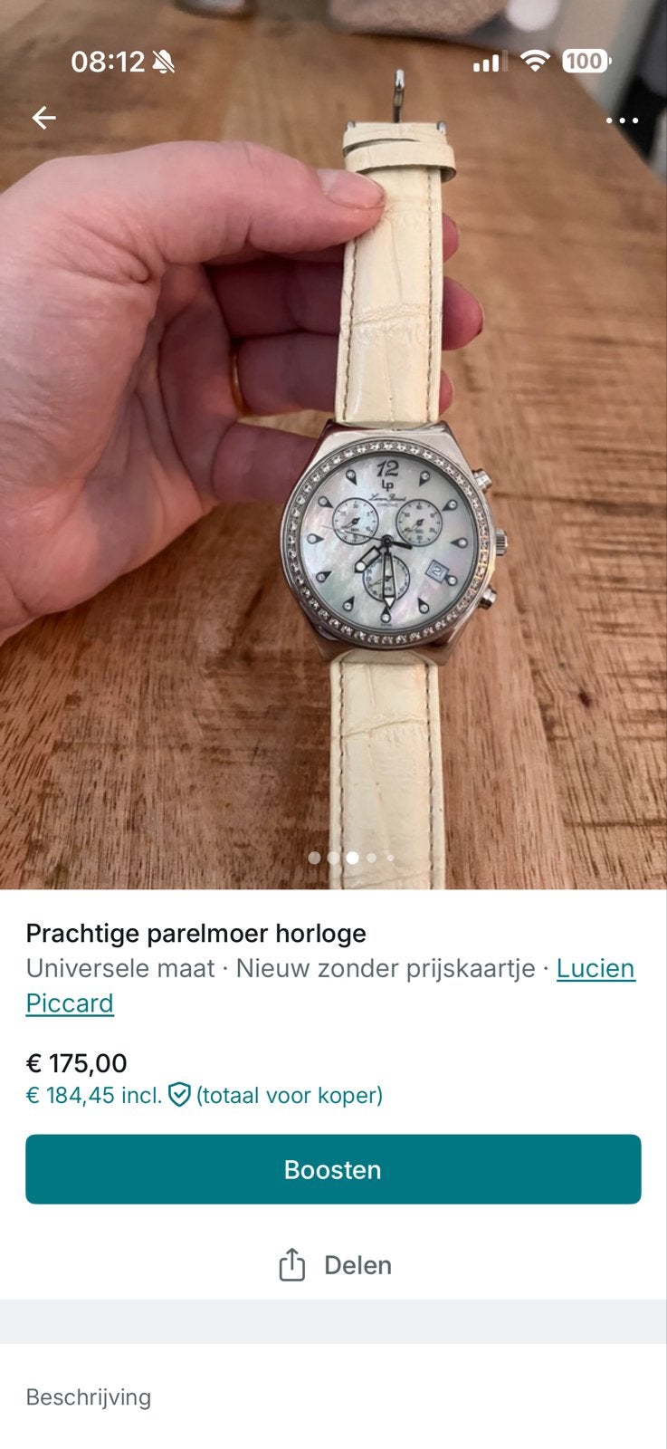 Lucien Piccard Parelmoer Horloge met Strass, Overige merken, Leer, Staal, Polshorloge