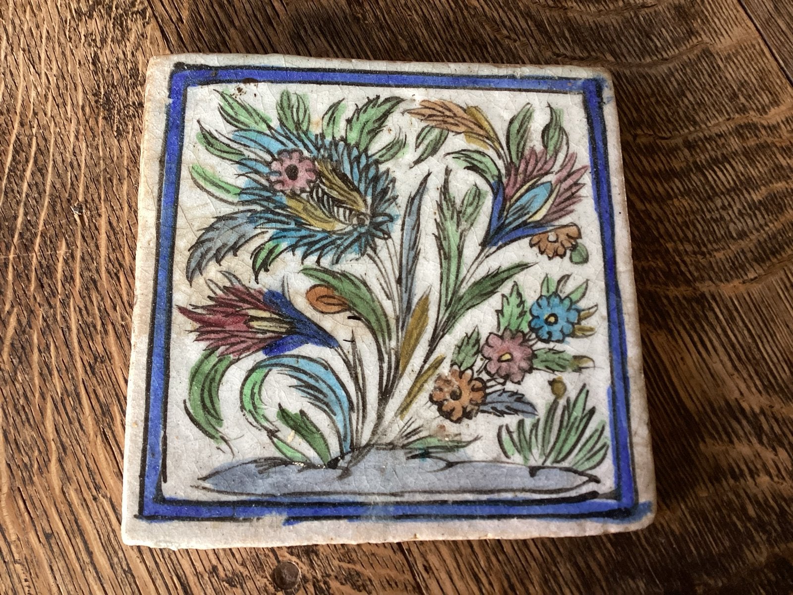 Antieke Perzische tegel met bloemmotief 19,5 x 20 € 25, Antiek en Kunst, Ophalen of Verzenden