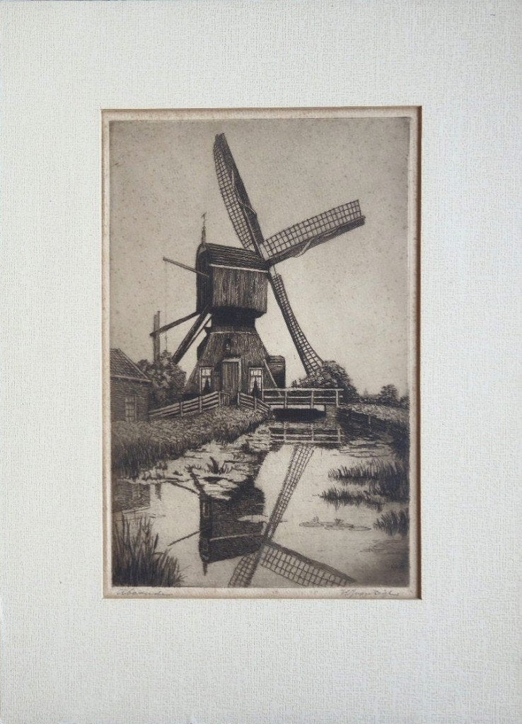 H. J. van Dijk ets "Abcoude", gesigneerd, passepartout, Ophalen, Minder dan 50 cm, Gebruikt, Oorspronkelijke maker