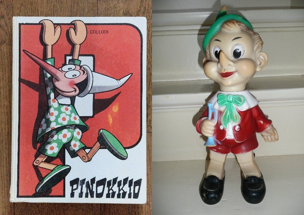 Vintage, jaren 50, Pinokkio piep pop en Pinokkio boek, Verzamelen, Ophalen of Verzenden, Peter Pan of Pinokkio, Gebruikt, Overige typen