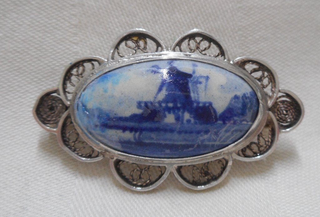 Zilveren antieke broche met Delfts blauwe steen nr.1422, Sieraden, Tassen en Uiterlijk, Antieke sieraden, Verzenden, Zilver, Broche