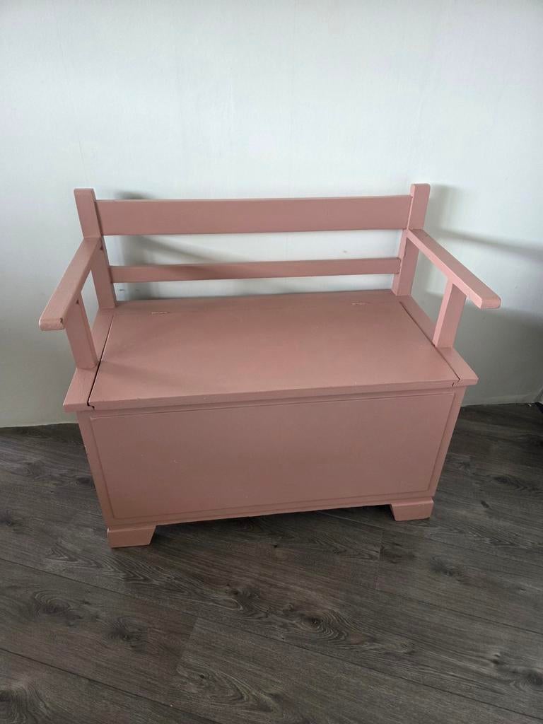 Roze houten klep bankje met opbergruimte - 82x92x47cm, Huis en Inrichting, Ophalen, Gebruikt, Overige kleuren, Hout