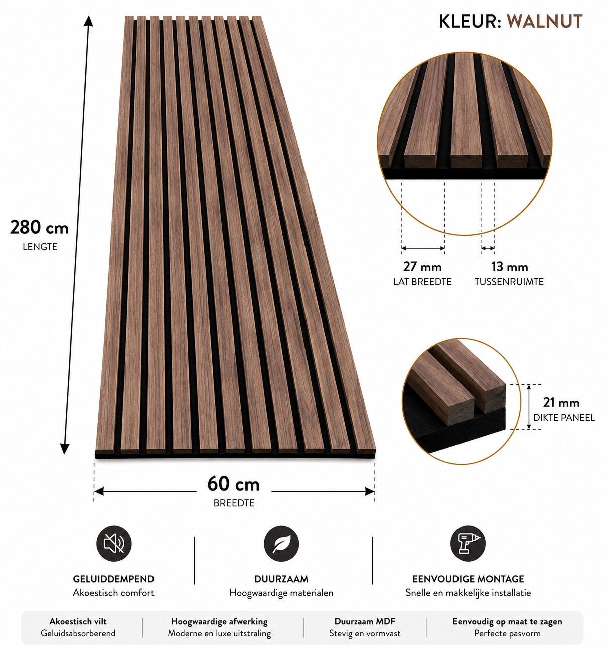 Akoestische wandpanelen 2800 x 60 cm - 27/13 mm - Walnutt