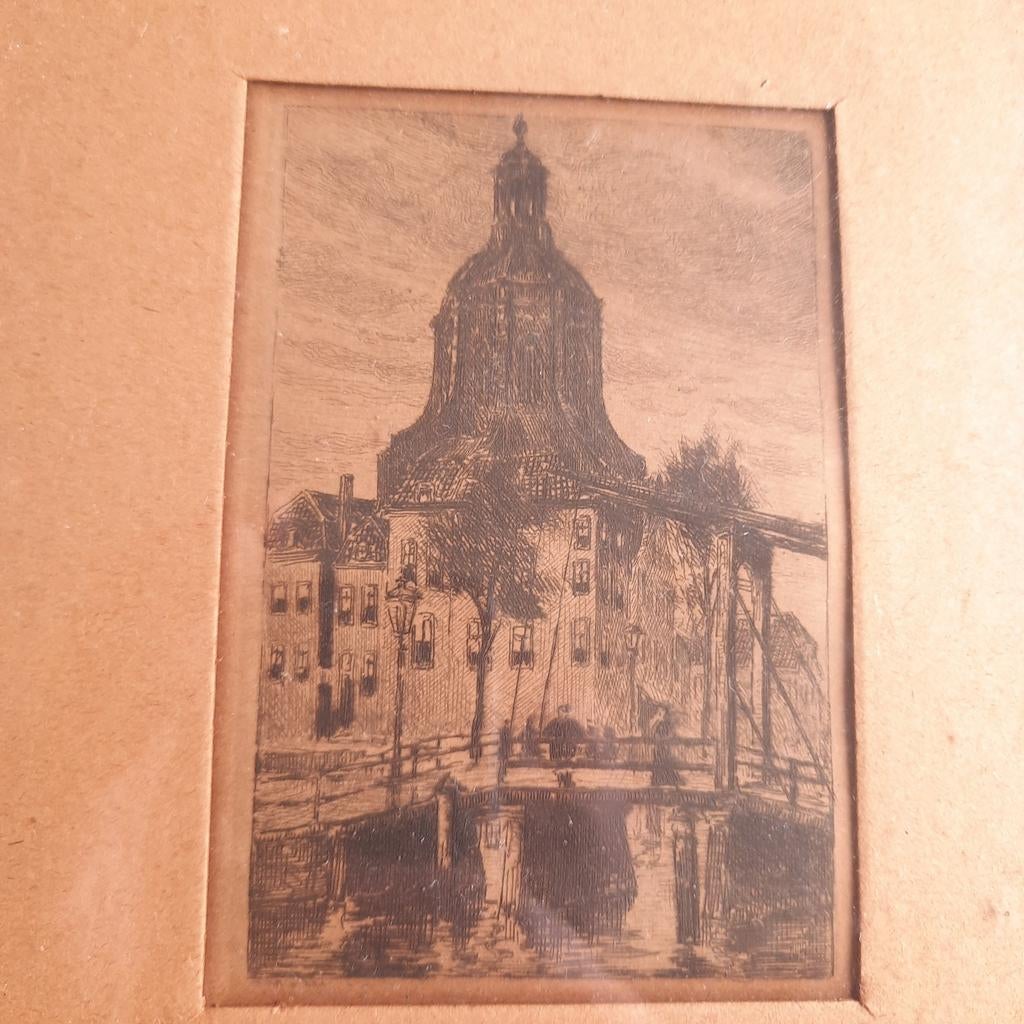 Antieke Ets Paul Matthes Stadsgezicht met Kerk en Brug, Antiek en Kunst, Verzenden