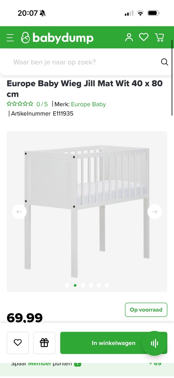 Babywieg 40x80 incl wiegmatras koudschuim, Ophalen, Zo goed als nieuw