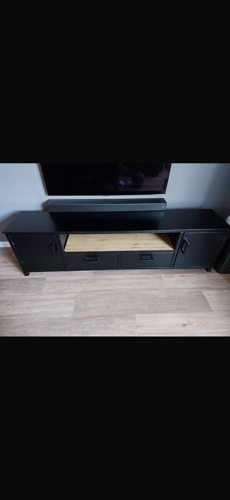 Industriele Tv kast staal (zware kast) met eiken plankje, Ophalen, Overige materialen, Zo goed als nieuw, Minder dan 100 cm