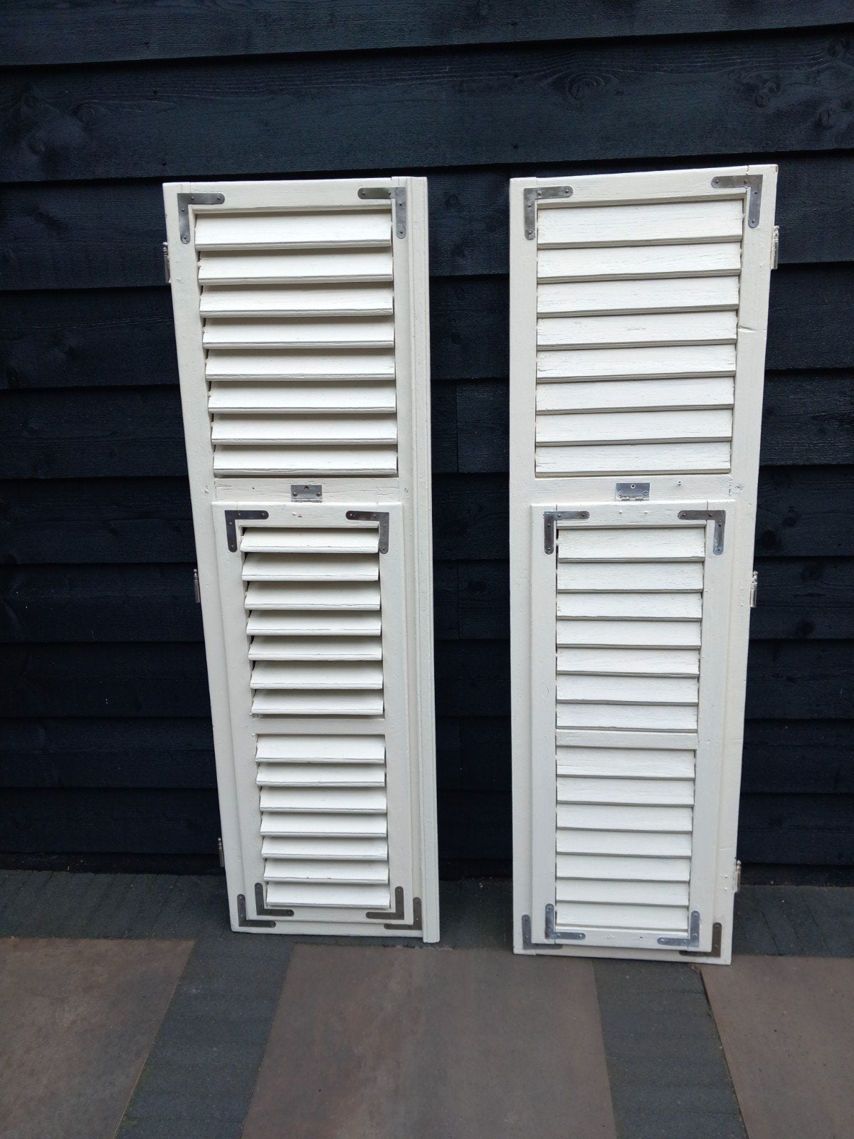 Set van 2 witte houten luiken met verstelbare lamellen, Ophalen, Gebruikt, Minder dan 80 cm, Overige typen