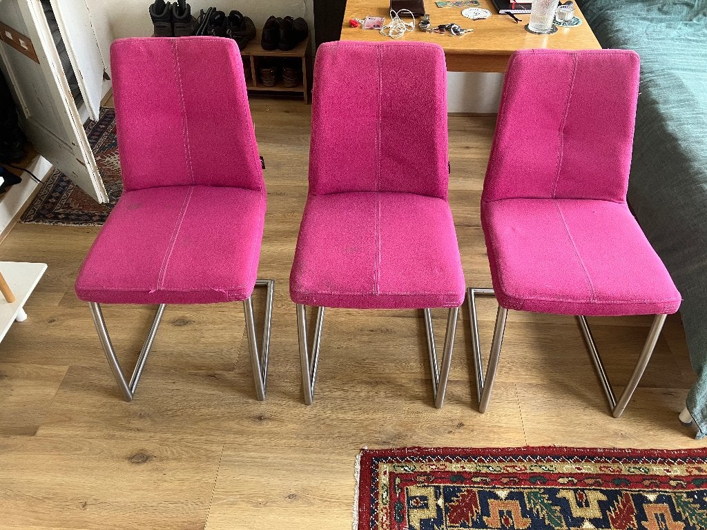 3 roze eetkamerstoelen met metalen onderstel, Ophalen, Gebruikt, Modern, kleurrijk, Overige kleuren