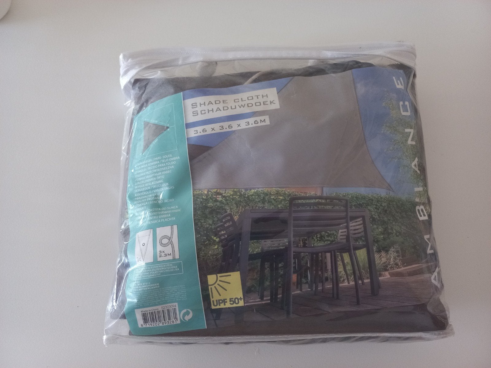 Schaduwdoek driehoek  3.6 x 3.6 x 3.6M, Ophalen, Zo goed als nieuw
