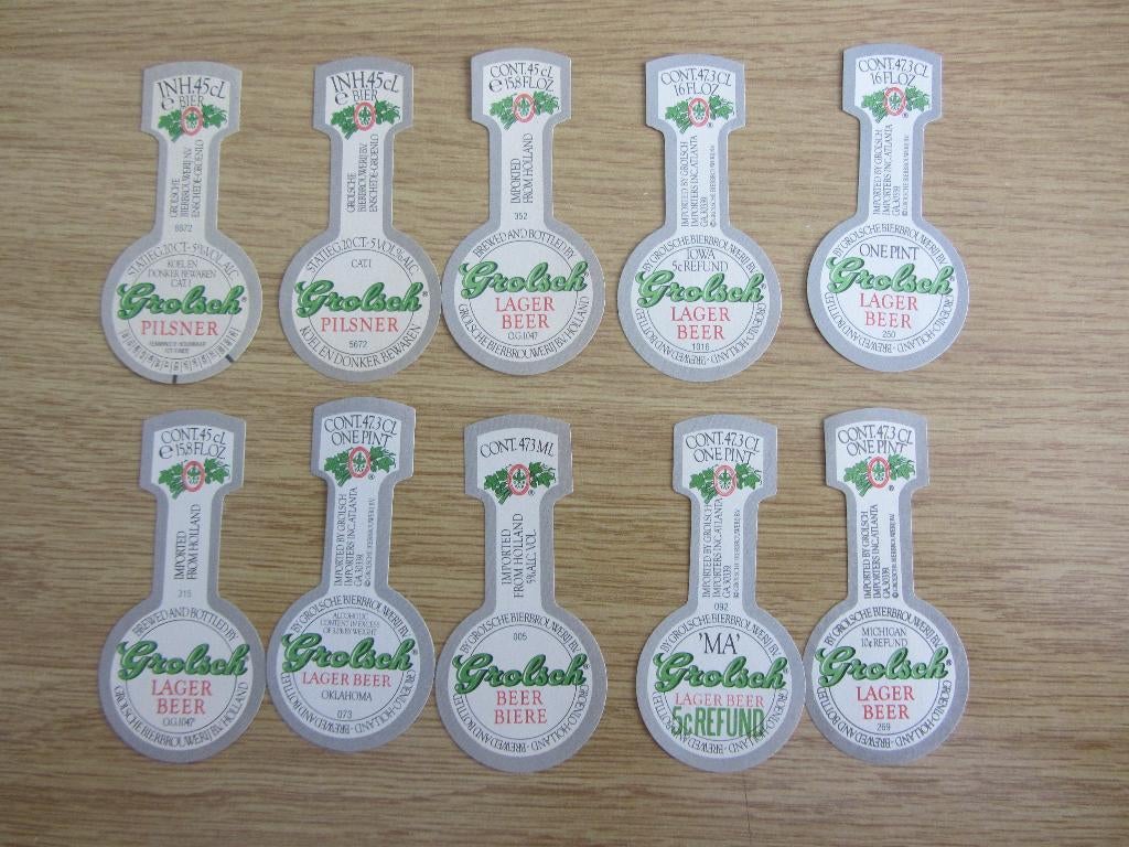 10 verschillende grolsch beugel etiketten, Verzamelen, Biermerken, Ophalen of Verzenden, Zo goed als nieuw, Overige typen, Grolsch