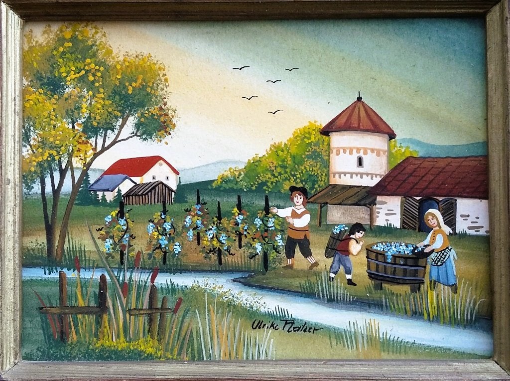 Jaren 90 MINIATUUR Schilderij Druivenoogst Ulrike Platzer, Paneel, Overige stijlen, Ophalen of Verzenden, Gesigneerd