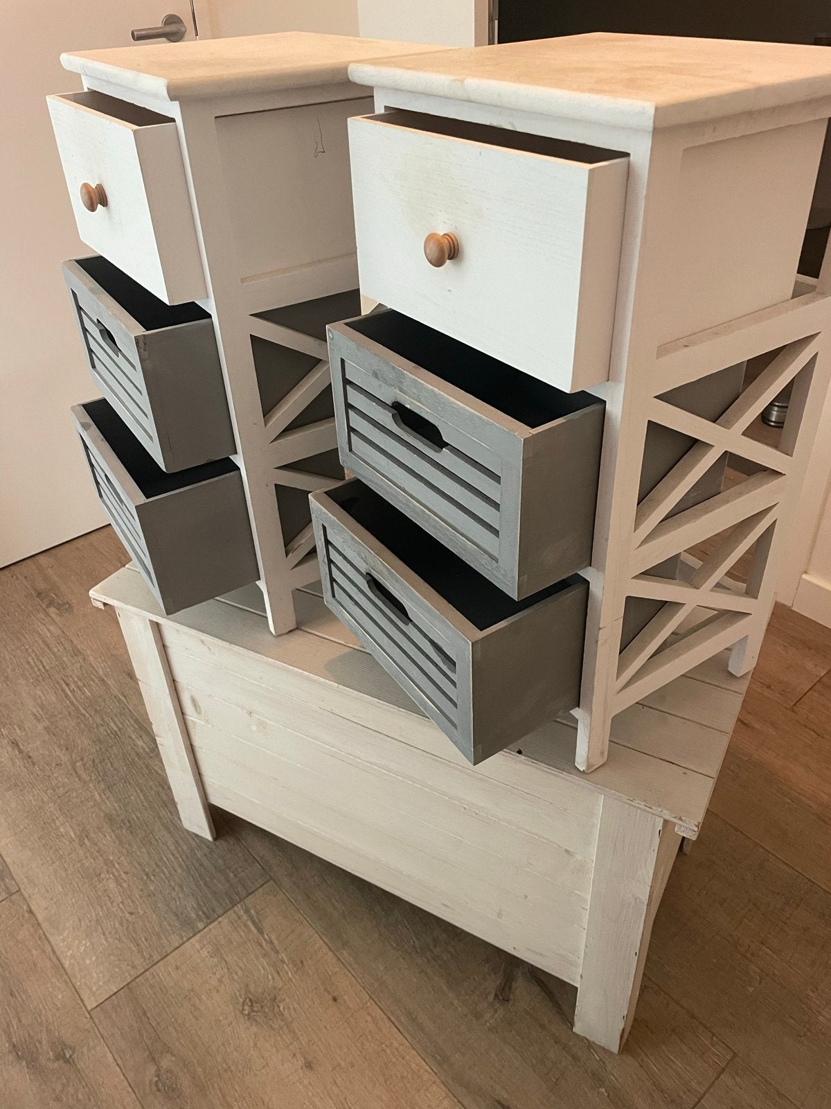 2x Nachtkastjes met 3 lades & Dekenkist - Maison du Monde, Huis en Inrichting, Ophalen, Gebruikt, 55 tot 70 cm, 65 cm of meer
