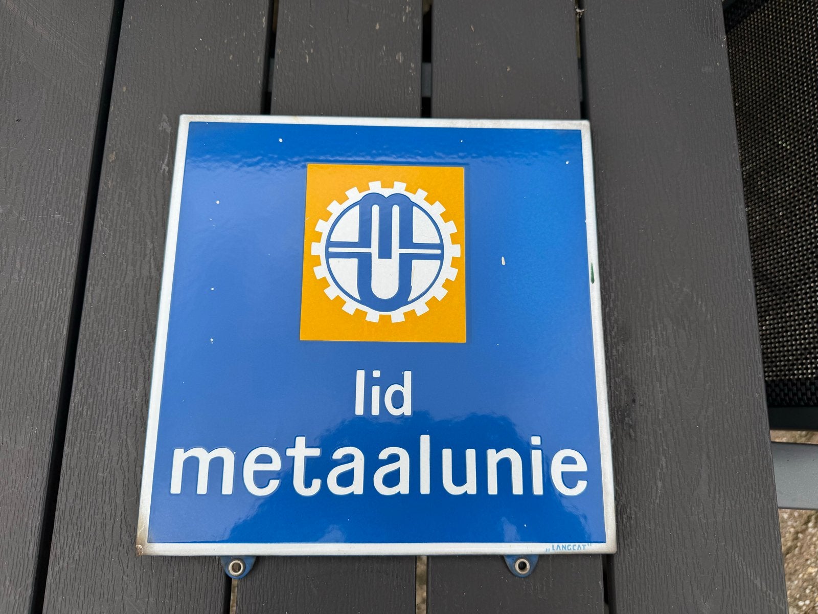 Emaillebord Lid Metaalunie Langcat Bussum 25x25 cm, Verzamelen, Ophalen of Verzenden, Zo goed als nieuw, Reclamebord