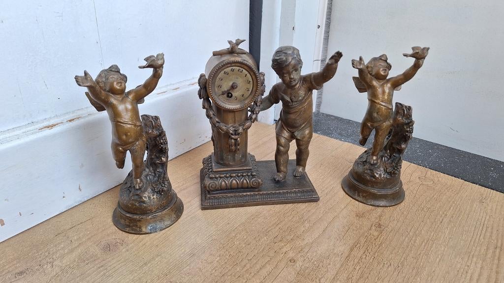 3 delige Spelter klokkestel met engeltjes L. Brunswick, Ophalen of Verzenden