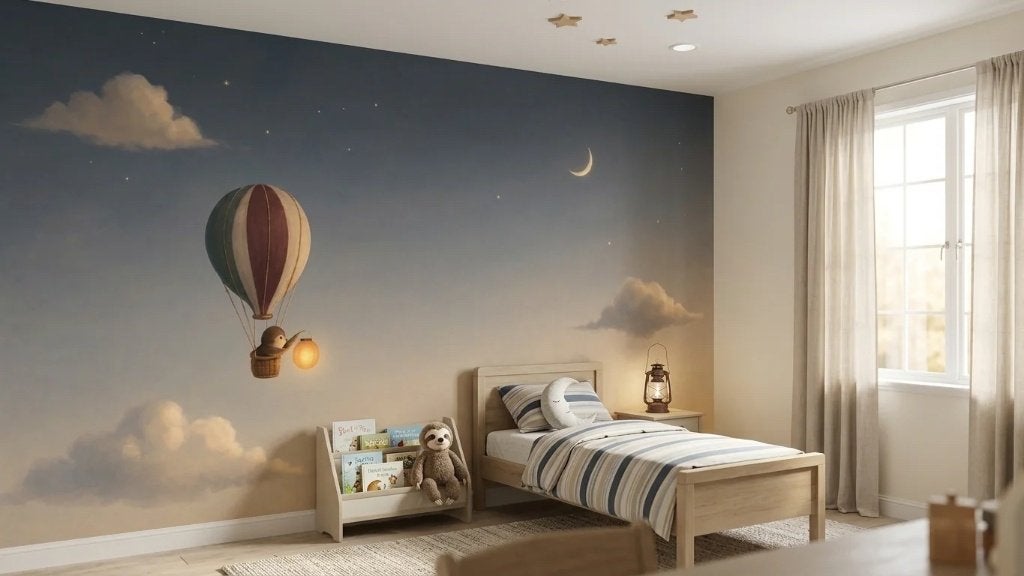 Sterren behang babykamer – ballon en maan op maat, Overige patronen, 75 m² of meer, Modern, Ophalen of Verzenden