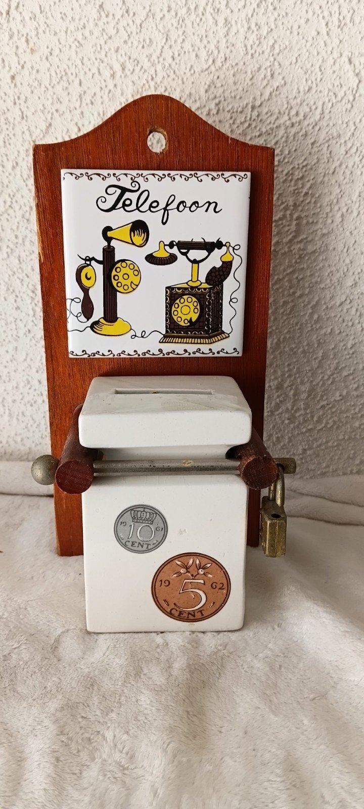 Vintage Telefoon Spaarpot Jaren '70 - Hout en Keramiek, Verzamelen, Spaarpotten, Ophalen of Verzenden, Zo goed als nieuw