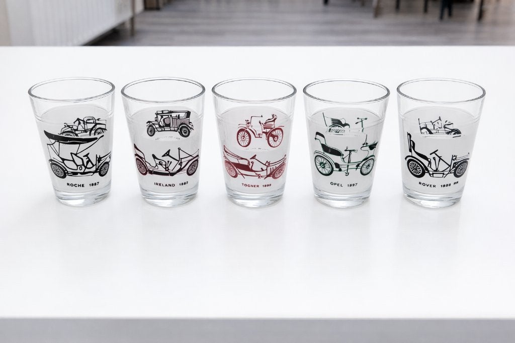 vintage 60/70's- 5 delig set classic cars mobil, Verzamelen, Ophalen of Verzenden, Zo goed als nieuw, Frisdrankglas
