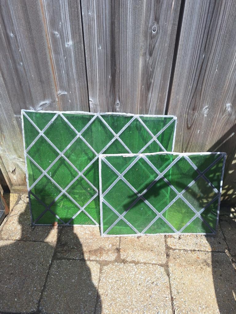 Set van 2 Groene Glas-in-lood Ramen - Diverse Maten, Doe-het-zelf en Verbouw, Ophalen, Gevelraam of Ruit, Gebruikt, Minder dan 80 cm