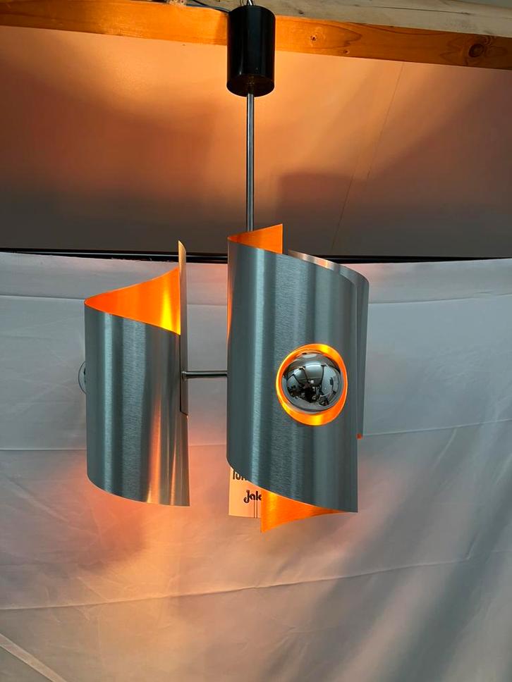 Vintage space age hanglamp, Polam, geborsteld aluminium, Huis en Inrichting, Lampen | Hanglampen, Zo goed als nieuw, Minder dan 50 cm