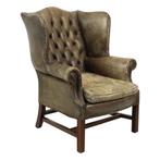 Oude Groene Chesterfield Zetel Wingchair Oorfauteuil, Ophalen, Gebruikt, Hout