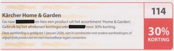 Karcher / Kärcher Home & Garden 30% korting Postcode bon 114, Tickets en Kaartjes, Kortingen en Cadeaubonnen, Eén persoon, Warenhuis- of Winkelbon