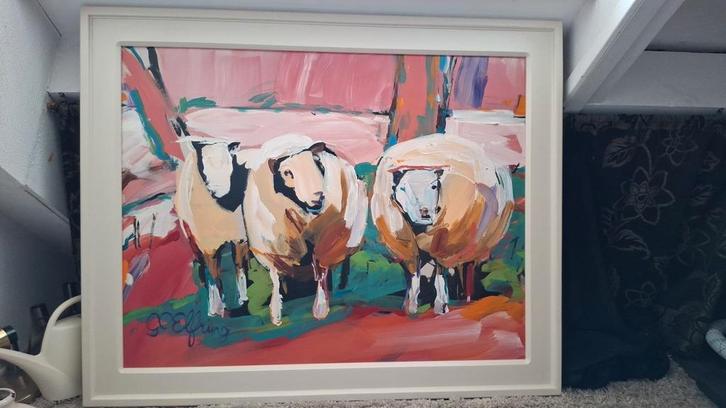 Vrolijke schapen in roze., Antiek en Kunst, Kunst | Schilderijen | Modern, Ophalen