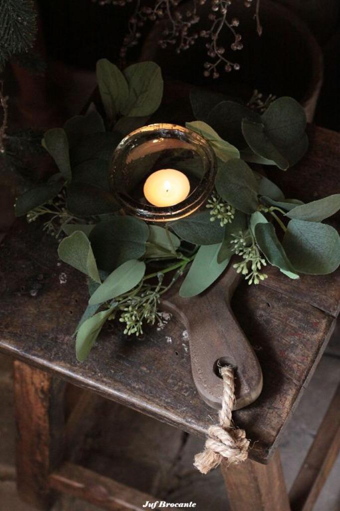 Eucalyptuskrans en glazen windlicht op broodplank set, Huis en Inrichting, Woonaccessoires | Overige, Nieuw, Ophalen of Verzenden