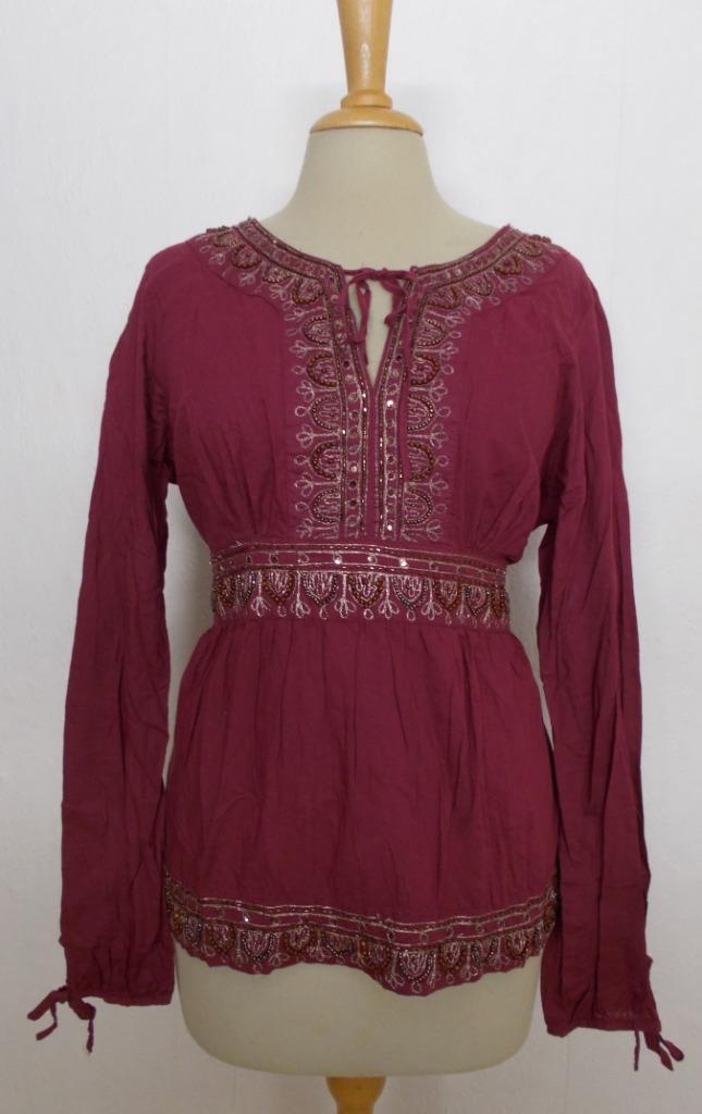 Boho wijnrode top/tuniek met borduursels en kraaltjes! L, Kleding | Dames, Tops, Zo goed als nieuw, Maat 42/44 (L), Overige kleuren