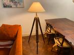Statieflamp tripod driepoot vloerlamp messing teak, Huis en Inrichting, Lampen | Vloerlampen, 100 tot 150 cm, Metaal, Gebruikt